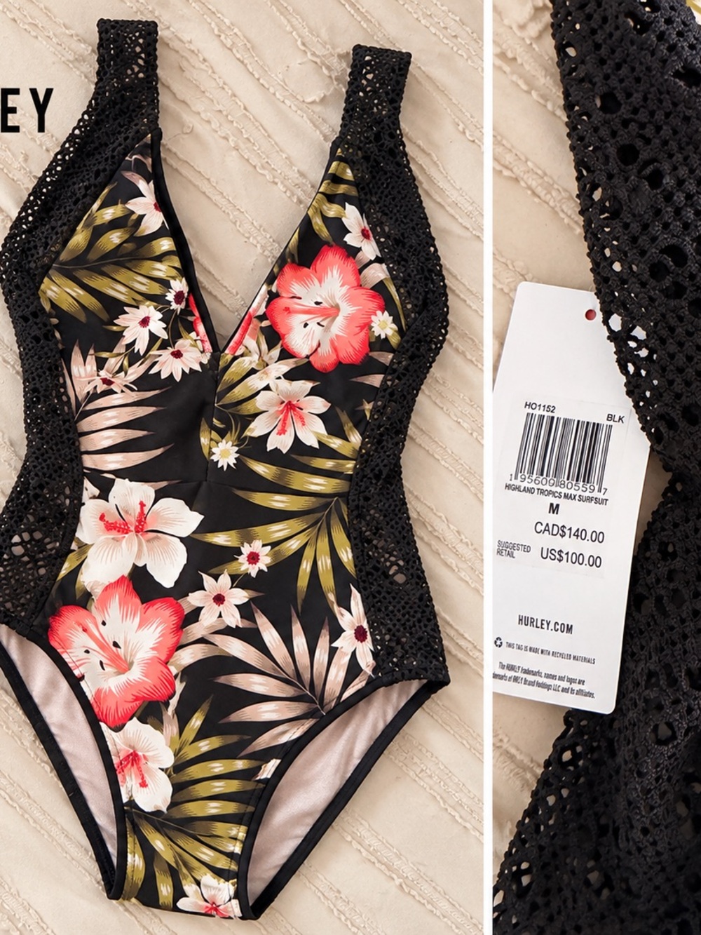 Hurley Black Tropical Floral Crochet-Trim One-Piece